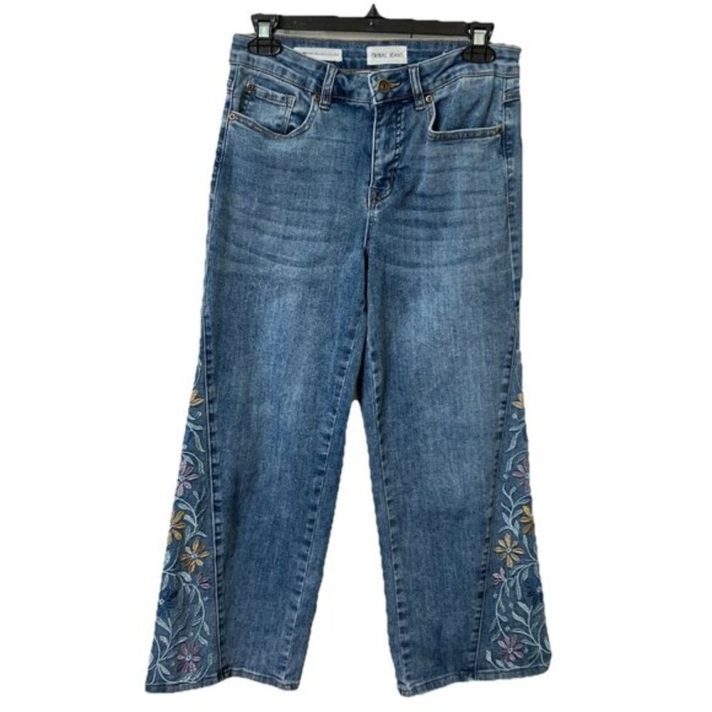 Tribal Jeans Womens 4 Audrey Mid Rise Wide Leg Cropped Floral Embroidered Boho